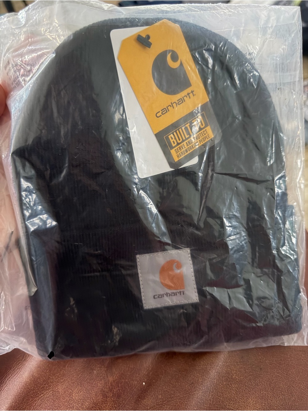 Carhartt Black Knit Beanie with Orange Logo Patch